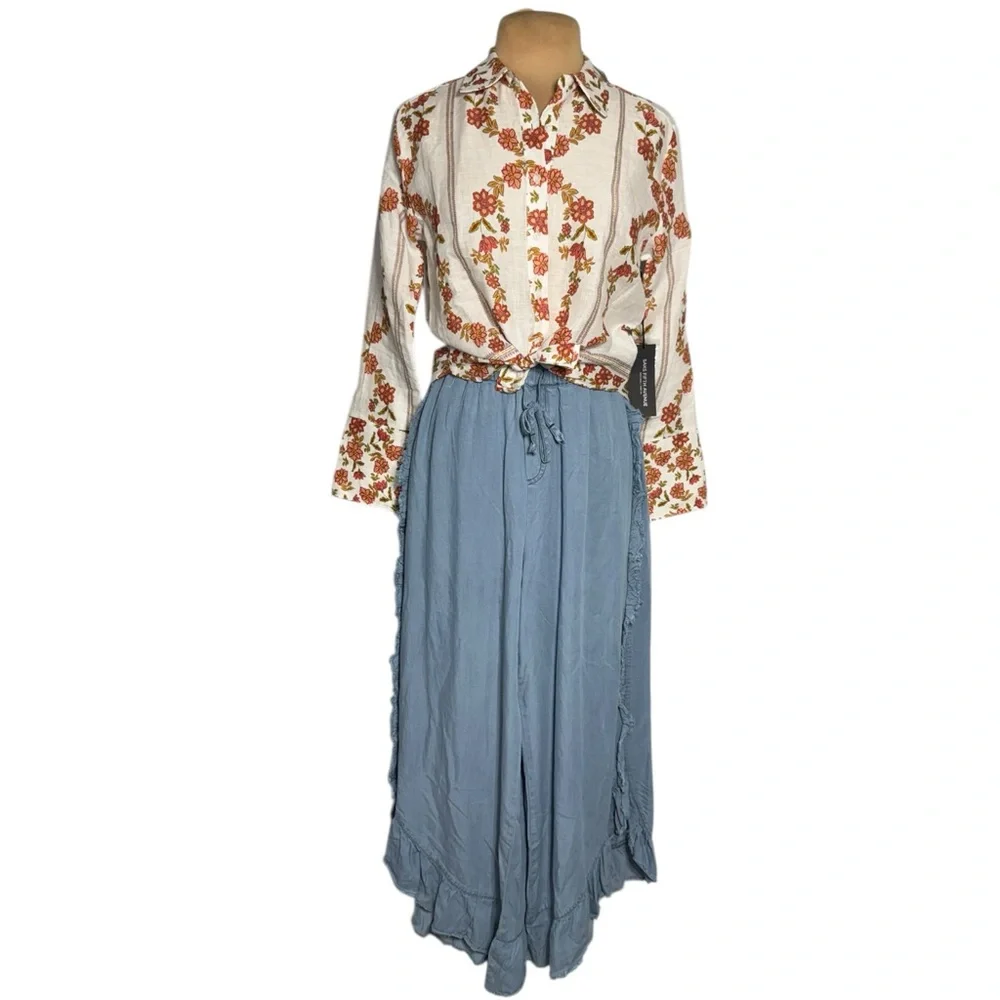 Easel light blue chambray denim wide leg elastic waist pull on pants size Large - Picture 8 of 13